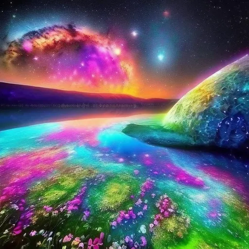 Prompt: the universe releasing energy  fantasy beautiful breath taking view colourful fairy tales 
