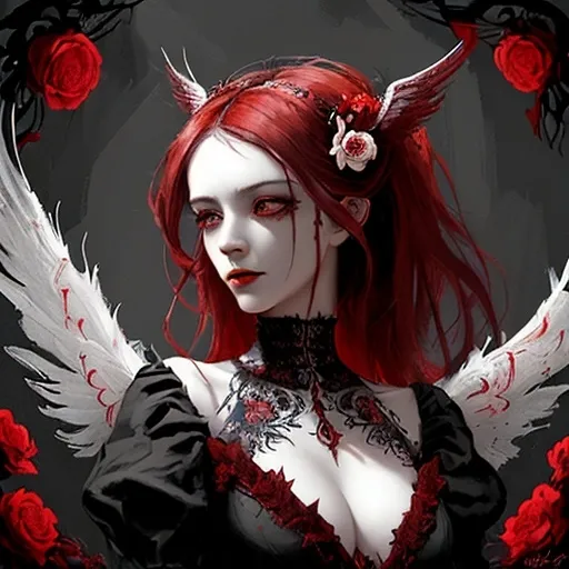 Prompt: Detailed digital painting of a gothic woman with red flowers in her hair, intricate wings on her back, red and white flowers in her hair, high detail, gothic art, digital painting, dark and dramatic tones, detailed facial features, elegant and majestic pose, professional, atmospheric lighting