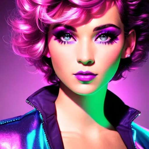 Prompt: neon purple lighting of a girl with very short pink hair , 1980's, disco era, early 80's makeup and hair