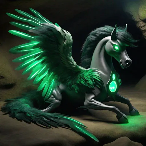 Prompt:  twisted pegasus animatronic hybrid, with focused emerald eyes. They identify as a Male. Emerald colored feathery wings and tail. dark Green ombre mane and tail. UHD, HD, 4K, green haze, green and black coat, lying down in a cave, asleep, resting