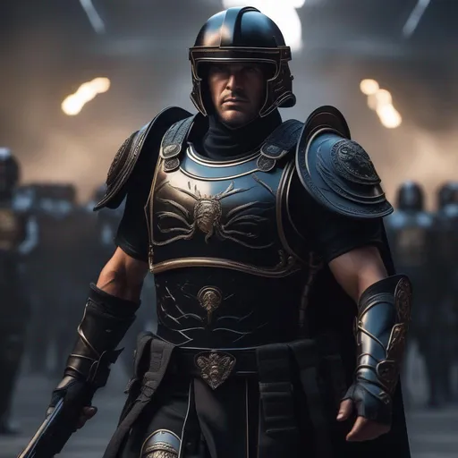 Prompt: A modern roman military male in black military roman armor, background sci fi war, Hyperrealistic, sharp focus, Professional, UHD, HDR, 8K, Render, electronic, dramatic, vivid, pressure, stress, nervous vibe, loud, tension, traumatic, dark, cataclysmic, violent, fighting, Epic