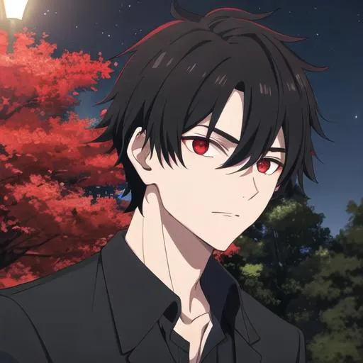 Prompt: Damien (male, short black hair, red eyes) in the park at night