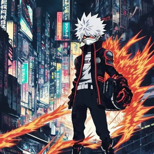 Prompt: Black and neon accents. Accurate my hero academia uniform. todoroki masked as villain. Fire and ice. Very Dark image with lots of shadows. Background partially destroyed neo Tokyo. Noir anime. Gritty. Dirty. Visceral.
