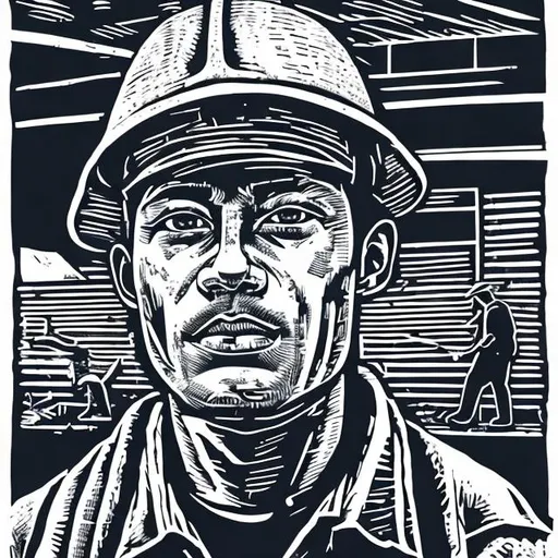 Prompt: linocut portrait of a worker