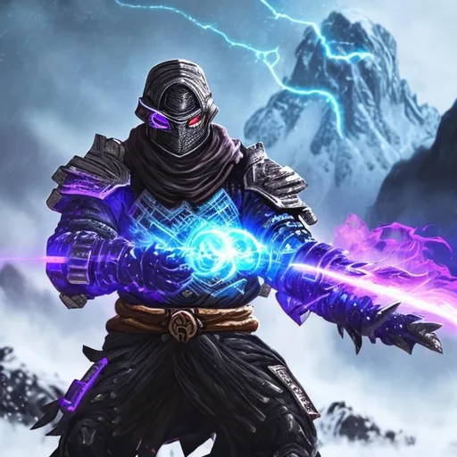 Prompt: sci-fi armoured ninja
 god in an electric aura holding a purple flaming sword in front of a snowy mountain with thunder
