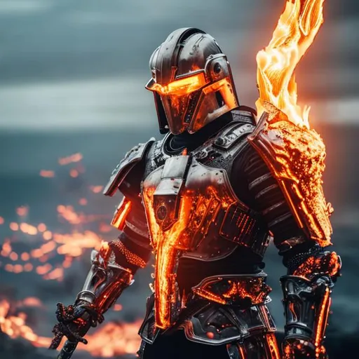 Prompt: Man in heavy futuristic Armour, fire in Background, glowing sword in one hand