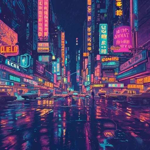 Prompt: 1960's New york at night, Cyberpunk style, detailed, 4k, neon lights and rain, studio Ghibli