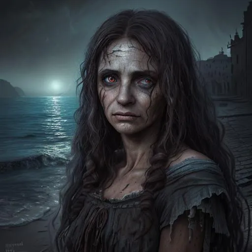 Prompt: highest quality concept art masterpiece, fantasy, digital drawing, photo-realistic, 
dark fantasy, poor Italian, ocean theme, Roma, long dirty brown hair, middle-aged lady of the night, dark worn ragged clothes,  light blue makeup to hide true identity, poor, perfect face, dirty, dark, night, mists, village