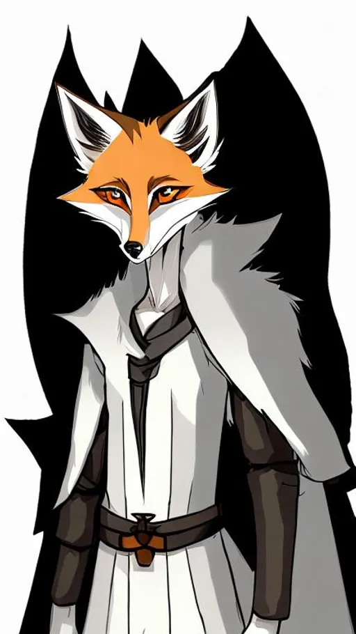 Prompt: An anime style illustration of a white anthropomorphic young,tall,skinny,serious,handsome male fox cub character with black pointy ears and hetechromia and dressing medieval druid clothes. Black empty background. 