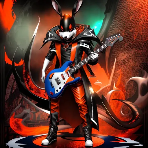Prompt: Horror, Scary, Ominous, Sinister, freeform dark chaos epic bold, 3D, HD, {one}({furry! {White}Mouse dressed in Guitarist outfit} with {red blue orange brown hunter-green bronze black}ink), Beautiful big reflective eyes, long flowing hair, expansive haunted stage background --s99500