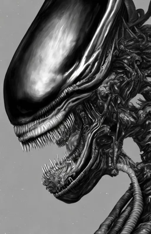 Prompt: illustration, profile face view of a xenomorph from alien drooling acid, black and white, album cover, motörhead, black background