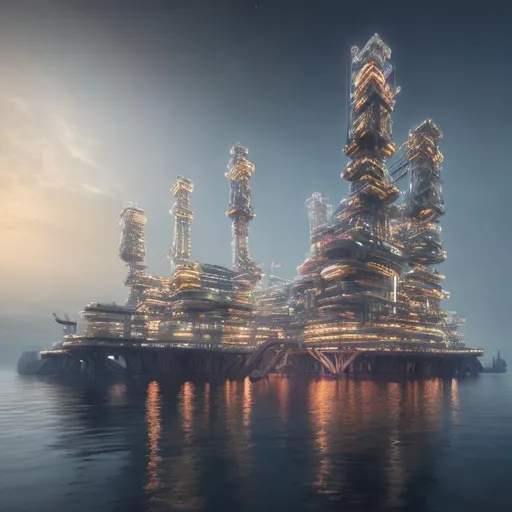 Prompt: neofuturistic oil rig floating city hall