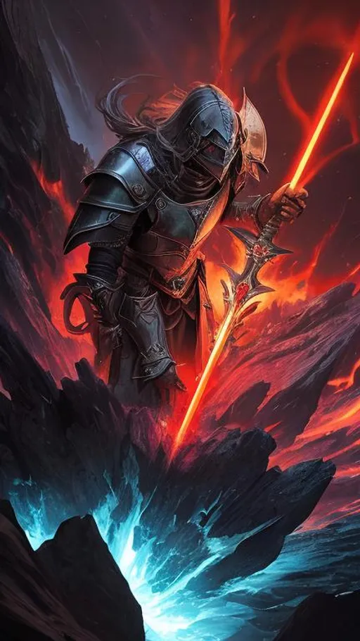 Prompt: a Male in silver crusader armor rests on his sword in the middle of a dark crater filled with glowing red fire. the sky is dark and he is surrounded by glowing red lightning. Behance hd