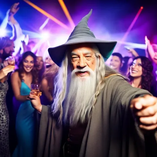 Prompt: gandalf very drunk in nightclub big smile, dancing wildly with many women, full body