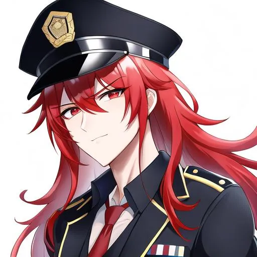 Prompt: Zerif 1male as a police officer (Red side-swept hair covering his right eye)UHD, 8K, Highly detailed, insane detail, best quality, high quality, wearing a police uniform, anime style