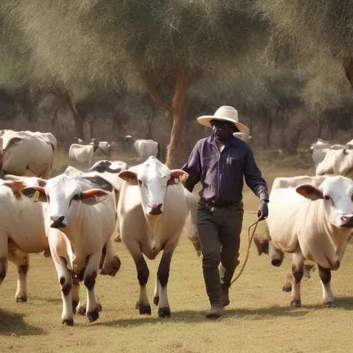 Prompt: Sheperd leading white 
ankole cows