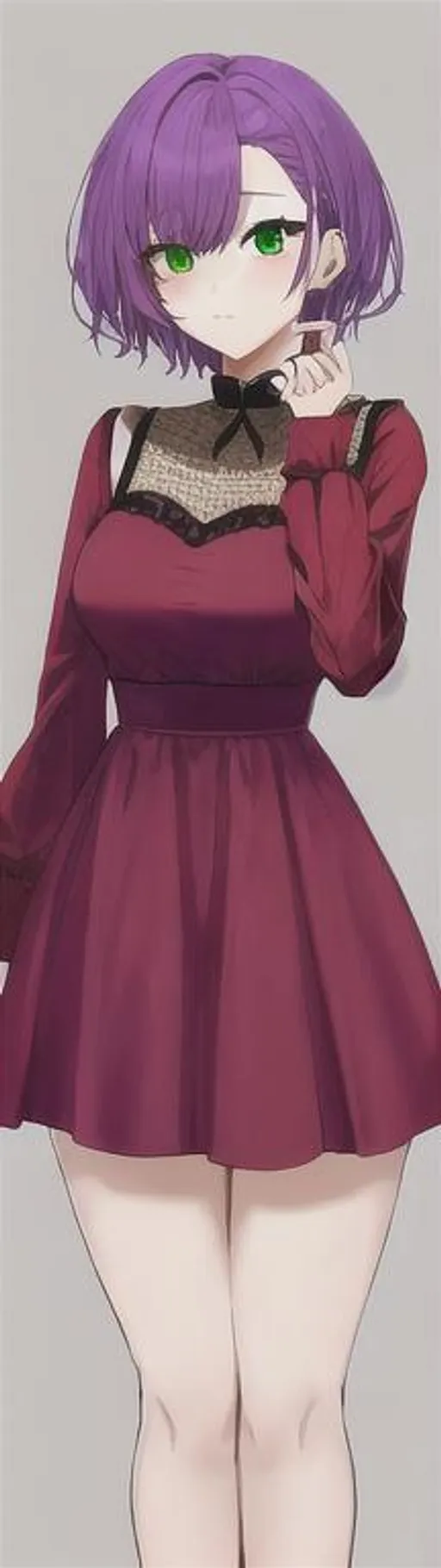 Prompt: A portrait of a cute girl with short, purple hair and green eyes wearing a red dress 