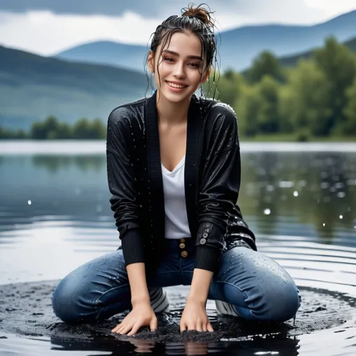 Prompt: photo of young woman, soaking wet clothes, sneakers, long jeans, black cardigan with large black buttons,  , lake,   enjoying, water dripping from clothes, clothes stuck to body,  detailed textures of the wet fabric, wet face, wet plastered hair,  wet, drenched, professional, high-quality details, full body view.