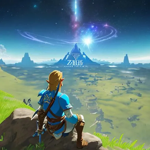 Prompt: Zelda breath of the wild with link looking over Hyrule with the sky being a galaxy with multiple planets