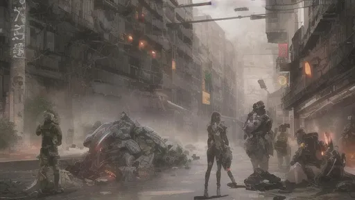 Prompt: Cyberpunk mechs, Riots in the streets, corporate corruption, cities burning, and a single flower in the chaos, tear gas, gas masks, pills, cash money