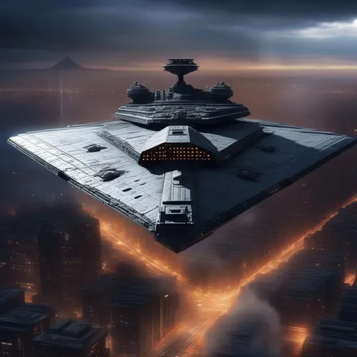 Prompt: A Star Destroyer from Star Wars movies, above the city, Hyperrealistic, sharp focus, Professional, UHD, HDR, 8K, Render, electronic, dramatic, vivid, pressure, stress, nervous vibe, loud, tension, traumatic, dark, cataclysmic, violent, fighting, Epic