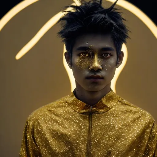 Prompt: A person who is standing in moon having a dark aura around him and some part of his body are glowing in gold and his eyes are glowing in gold