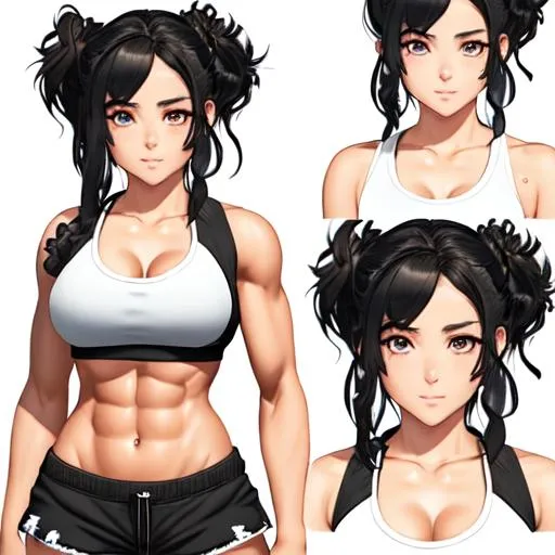 Prompt: extremely realistic, hyperdetailed, black wavy hair in a messy bun anime tomboy, face full of freckles, wears cropped top, wears dolphins shorts, toned body, showing abs midriff, highly detailed face, highly detailed eyes, highly detailed body, full body, whole body visible, full character visible, soft lighting, high definition, ultra realistic, 2D drawing, 8K, digital art