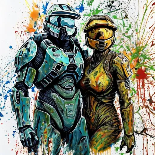 Prompt: Master Chief and Cortana
painted in the style of Jackson Pollock