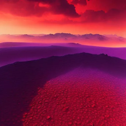 Prompt: concept art, hyperrealism, thick red sandstorm grain filter, "Warlocks and Warriors" Sprague de Camp style, aerial view, purple desert, jagged purple crag, red sky, sun hidden by sand