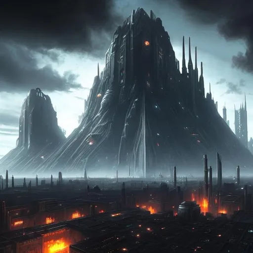 Prompt: A large futuristic dystopian city with buildings comprised of black metal. Black clouds cover the sky. A massive citadel is in the center of a massive pit. Massive structures float in the sky. Deep chasms separate the city. 