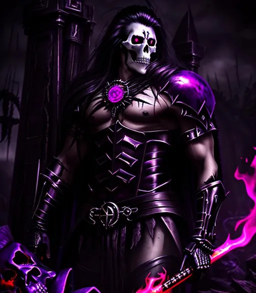 Prompt: Horror, Scary, Ominous, Sinister, freeform dark chaos epic bold, 3D, HD, {one}({leather {Man}Skeleton with long flowing hair and dressed in Barbarian outfit} with {purple gold pink green red silver blood}ink), expansive psychedelic background --s99500