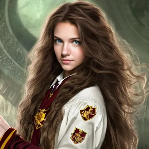 Prompt: long-haired, brown-haired, green-eyed beautiful woman as a Hogwarts Gryffindor student at Hogwarts