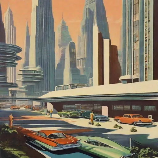 Prompt: late 1950s 1960s retro futuristic city clean realistic