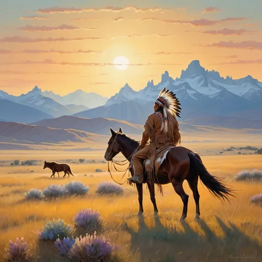 Prompt: In a vast open prairie, a lone figure on horseback rides across the landscape, their silhouette framed against the golden horizon. The rider wears traditional Native American attire adorned with intricate beadwork and feathers, symbolizing their heritage and connection to the land.

Around them, the prairie stretches out endlessly, dotted with wildflowers and grazing buffalo. In the distance, majestic mountains rise, their peaks touched by the first rays of the morning sun. The air is filled with the sounds of nature - the wind rustling through the grass, birds singing, and the distant howl of a coyote.

This scene captures the essence of "Indian Outlaw," celebrating Native American culture, the beauty of the wilderness, and the spirit of freedom and adventure.