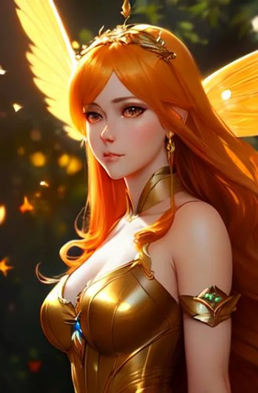 Prompt:     Magical Female Fairy,  yellow wings, light orange hair, dark gold
eyes, perfect features, extremely detailed, realistic. Krenz Cushart + loish +gaston bussiere +craig mullins, j. c. leyendecker +Artgerm, oil painting texture oil painting effect. 