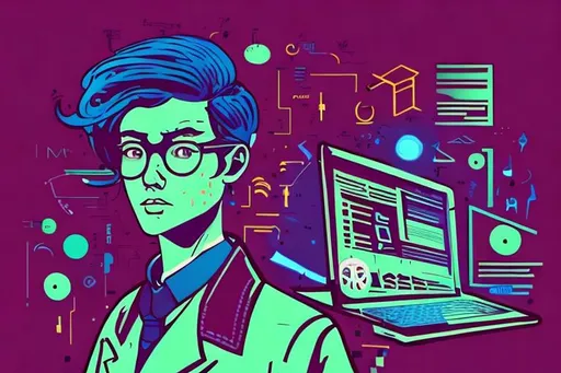 Prompt: non-binary person, business casual, but very cool looking, preferably working with a laptop, pop art style or simple vector style