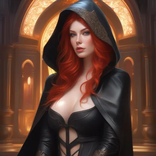 Prompt: Beautiful fantasy busty seducer, goth, (crop top:1.5), black leather clothed, ginger hair, pale skin, hooded red cloak, full body, highly detailed, digital painting, artstation, hyperrealistic, sharp focus, illustration, art by artgerm and greg rutkowski and alphonse mucha, 8k, pretty eyes, award-winning cgi, blender, headshot