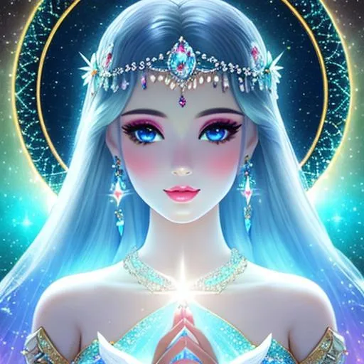 Prompt: White prism, cosmic,etherial, fairy, goddess of light ,  Barbie doll, facial closeup