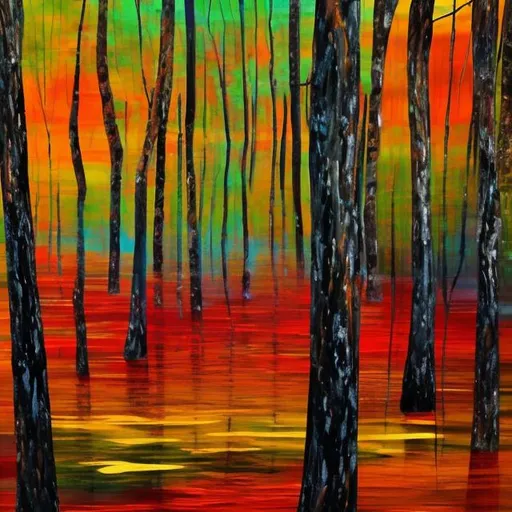 Prompt: pintura abstracta, bosque tranquilo de gran colorido