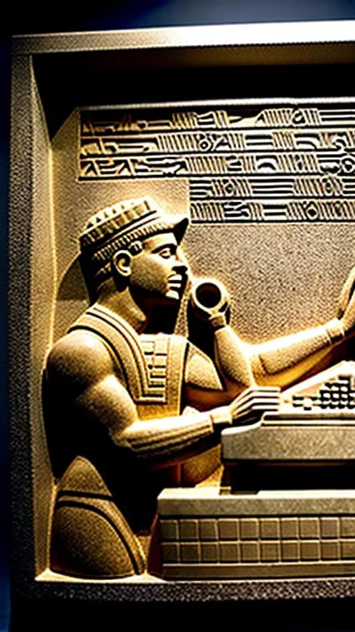 Prompt: In a museum, angular view of an ancient Mesopotamian bas-relief depicting a man working with an Atari ST computer