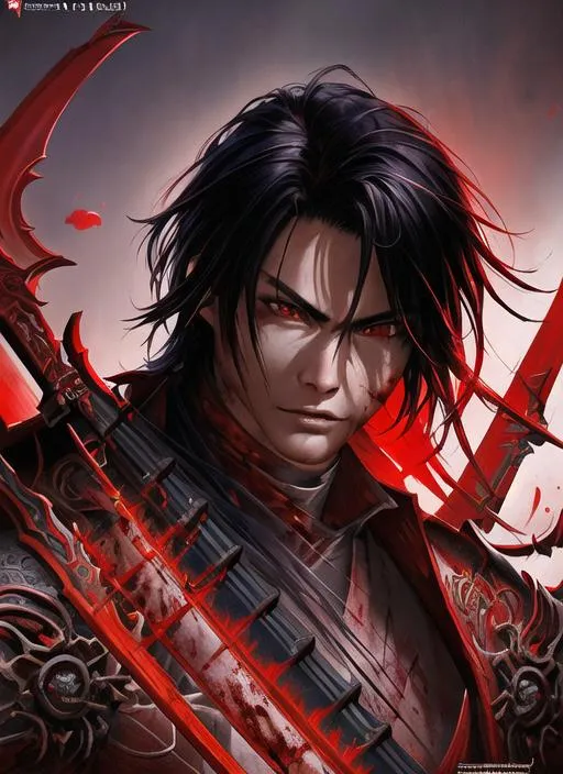 Prompt: Portrait of red samurai medieval cyberpunk male with black hair, blood moon, swords, perfect composition, hyperrealistic, super detailed, 8k, high quality, trending art, trending on artstation, sharp focus, studio photo, intricate details, highly detailed, by greg rutkowski 