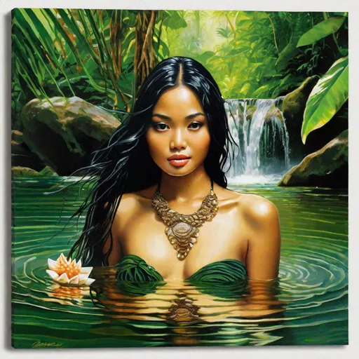 Prompt: pretty young Indonesian woman, 25 year old, (round face, high cheekbones, almond-shaped brown eyes, epicanthic fold, long black hair with seashell ornaments, small delicate nose), emerging from water, water splashing, seashell bikini top,  scenery natural pool in tropical Indonesian rain forest, lush green plants, waterfall, masterpiece, intricate detail, hyper-realistic, photorealism, hyper detailed texturing, high resolution, best quality, UHD, HDR, 8K, award-winning photograph, octane render