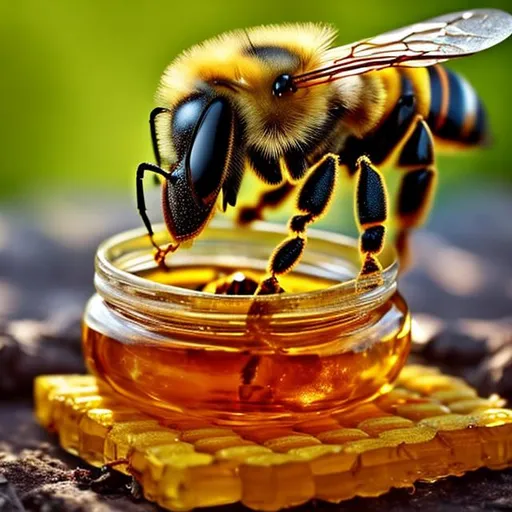 Prompt: a bee coming out of a jar full of honey, 16:9

