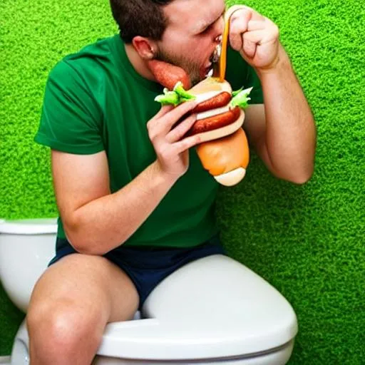man eating a hotdog while sitting on the toilet with... OpenArt