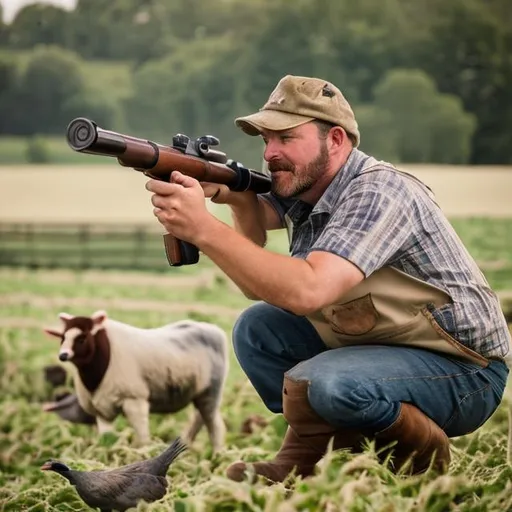 Prompt: an farmer shooting animals