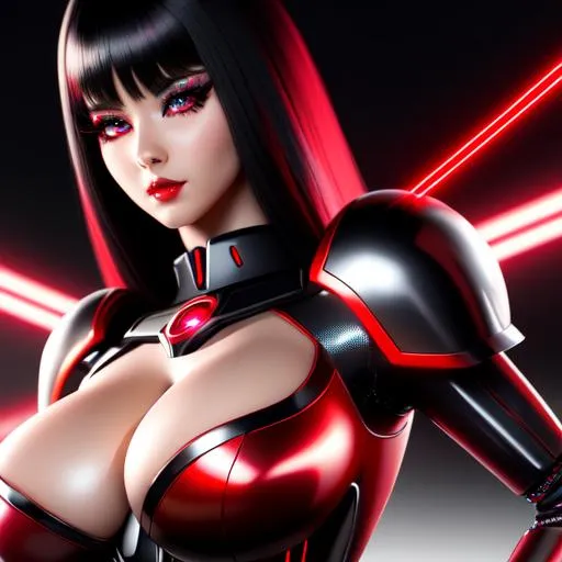 Prompt: Hyperrealistic detailed full body of feminine ((sexy robot woman)) who has ((red laser eyes)) and ((synthetic black hair)) with ((sexy outfit)) with deep cleavage, overpowering posture and face expression, highly detailed, Trending on artstation, HD quality, ((huge breast)), ((sexy)), sharp focus, professional, UHD, HDR, 8K, Render, Front low view, Canon, 24mm, Spotlight lighting
