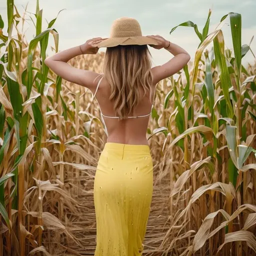 Prompt: A lady in the corn fields wearing a single piece lose skirt walking away wearing a yellow hat holding a violin without a bow a corn is shown that is wet and is dripping