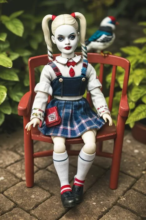 Prompt: a doll Harley Quinn, sitting on the chair outside the garden in Hogwart, she look at the birds on the floor , she wearing student uniform.


vintage, miniature. (high detailed skin:1.2), 8k uhd, dslr, soft lighting, high quality, film grain, Fujifilm XT3, hyper realistic, detailed head