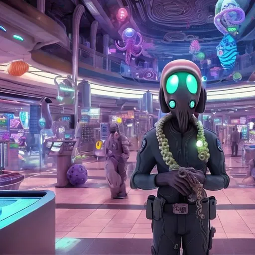 Prompt: octopus security guards in a busy alien mall, widescreen, infinity vanishing point, galaxy background, surprise easter egg