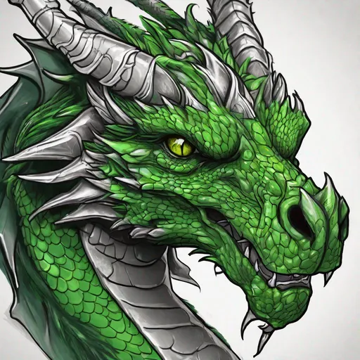 Prompt: Concept design of a dragon. Dragon head portrait. Coloring in the dragon is predominantly green with silver streaks and details present.
